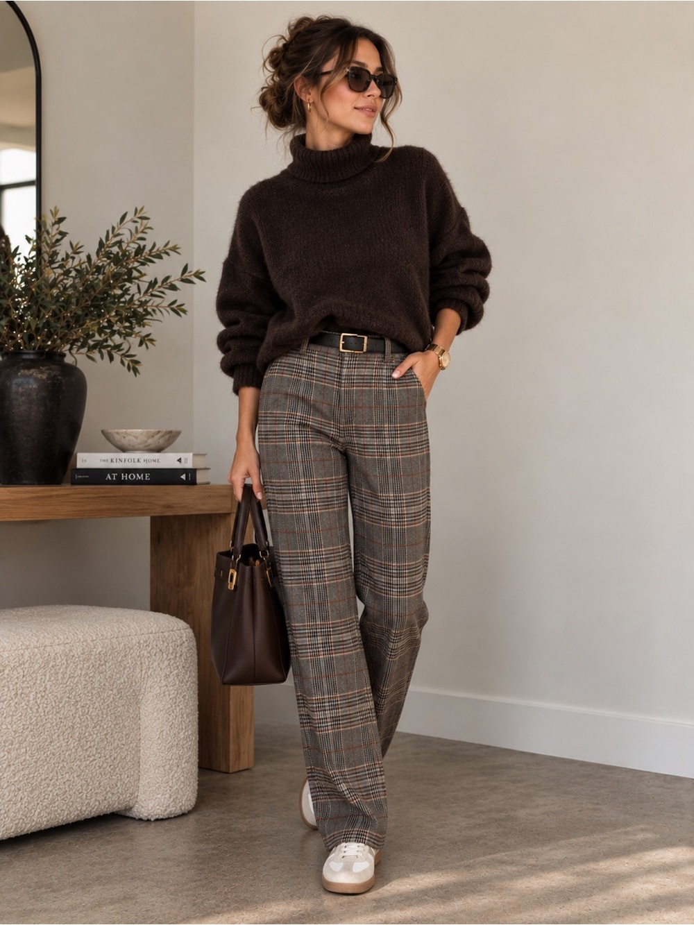 Express Brown Plaid Wide-Leg Trousers